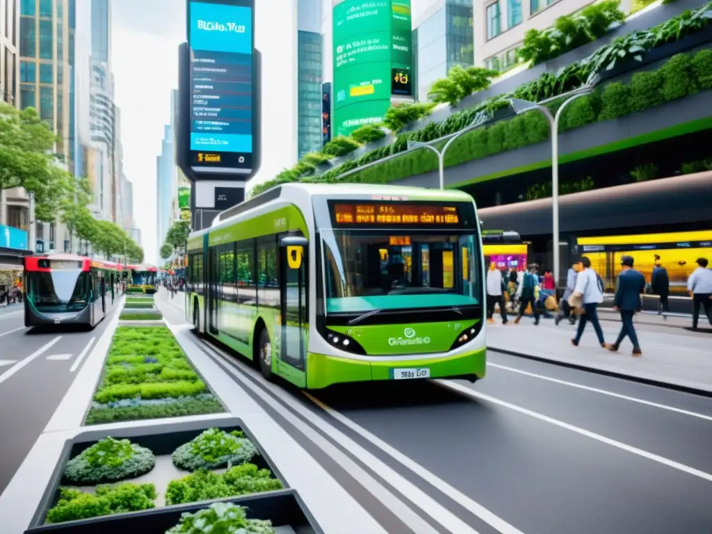 Innovaciones en tecnología para transporte público sostenible: bulliciosa calle urbana con buses eléctricos, peatones y ciclistas en armonía verde