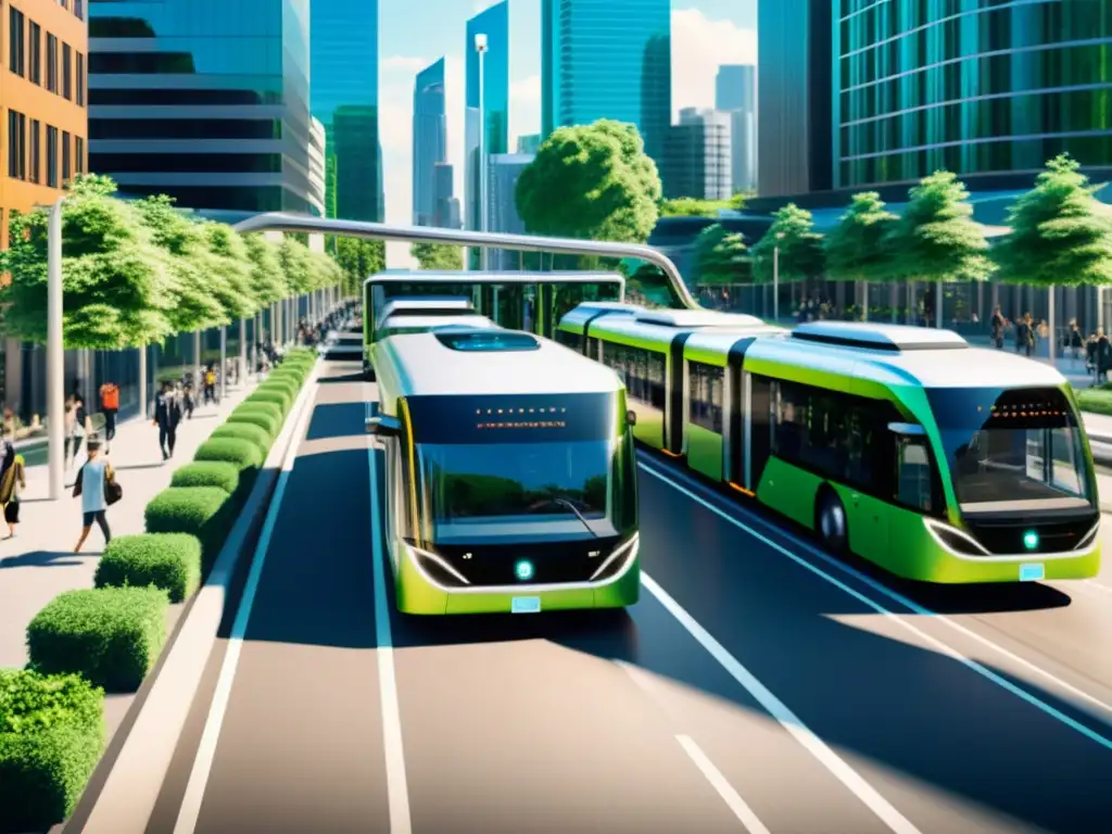 Innovaciones tecnología transporte público sostenible: Autobuses autónomos eléctricos recorren una bulliciosa calle urbana rodeada de vegetación, reflejando una visión futurista y sostenible del transporte público