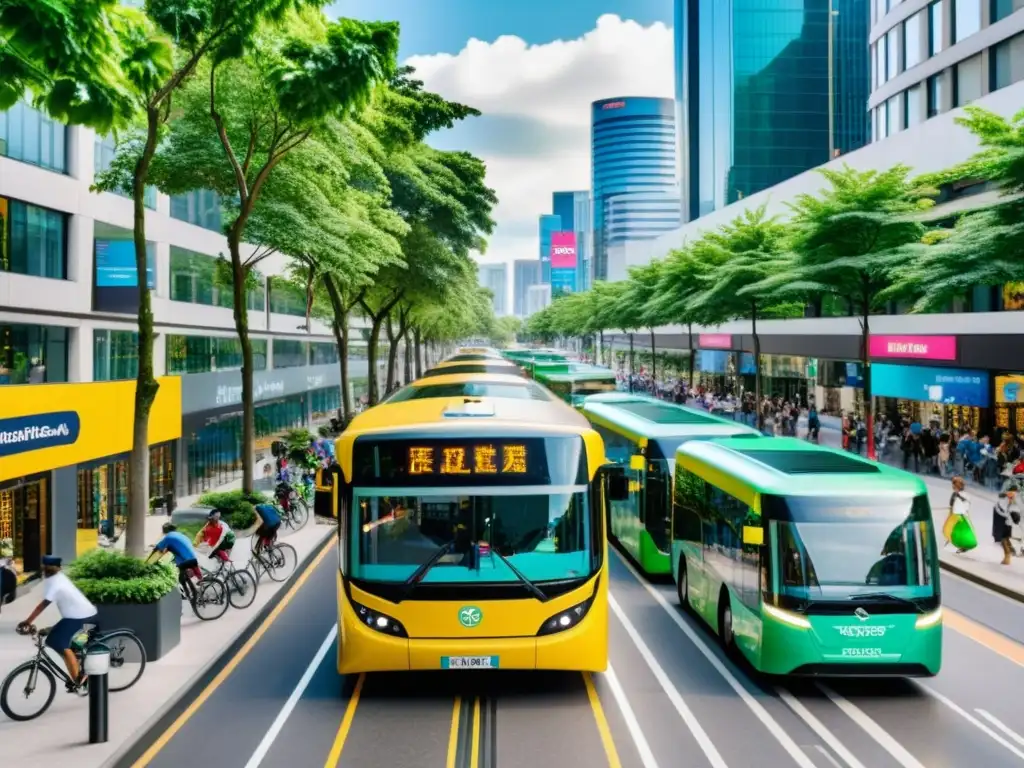 Innovaciones tecnología transporte público sostenible: bulliciosa calle con autobuses eléctricos, ciclistas y arquitectura sostenible