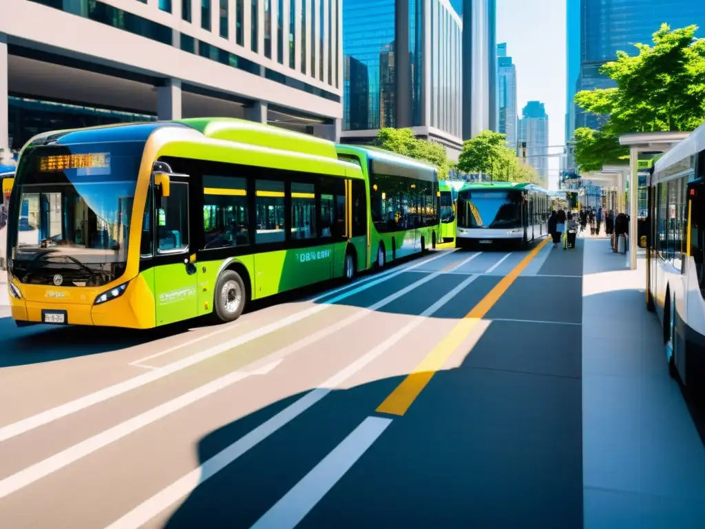 Innovaciones tecnología transporte público sostenible: Imagen de bulliciosa calle urbana con modernos autobuses eléctricos y pasajeros