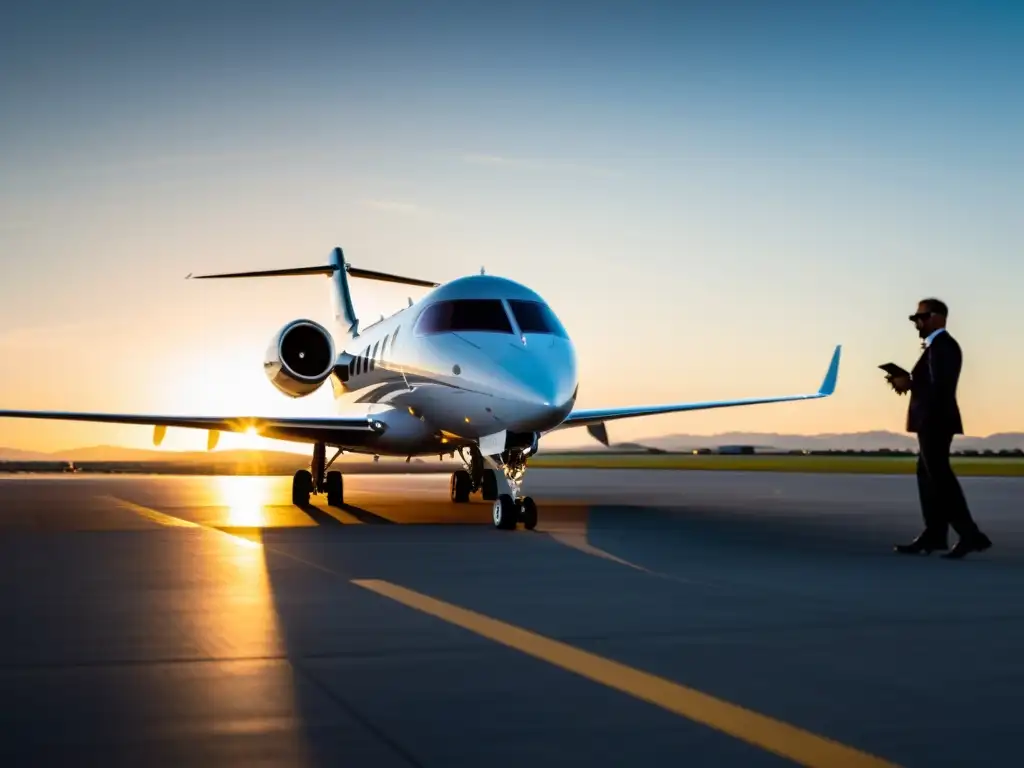 Innovaciones tecnológicas en la aviación privada: Un jet privado de vanguardia en la pista, reflejando la luz del sol, mientras técnicos perfeccionan sus sistemas avanzados