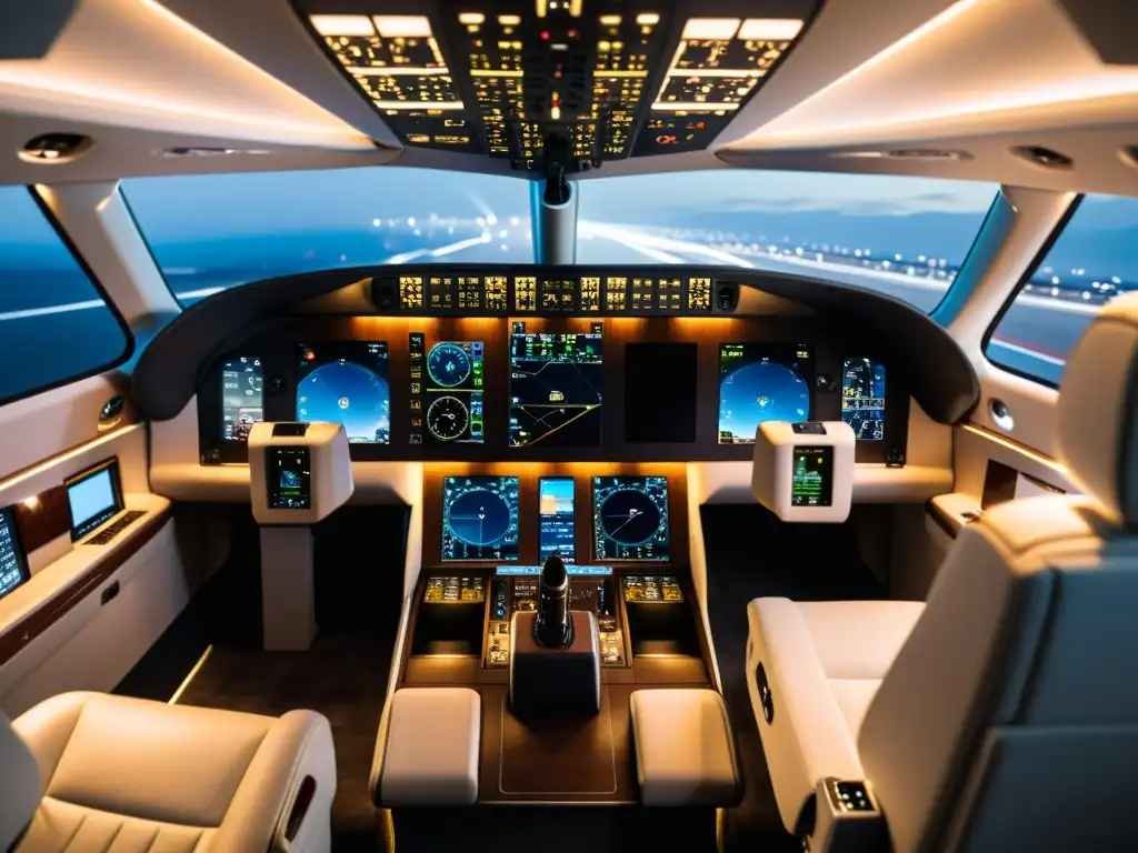 Innovaciones tecnológicas en la aviación privada: Cabina de avión privado de última generación con avanzada tecnología y diseño moderno iluminado