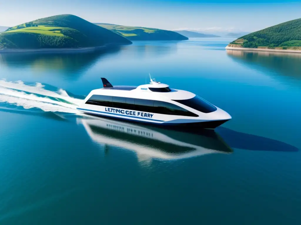 Innovaciones tecnológicas en transporte marítimo: un ferry eléctrico de vanguardia navega en aguas tranquilas, fusionando tecnología y belleza natural