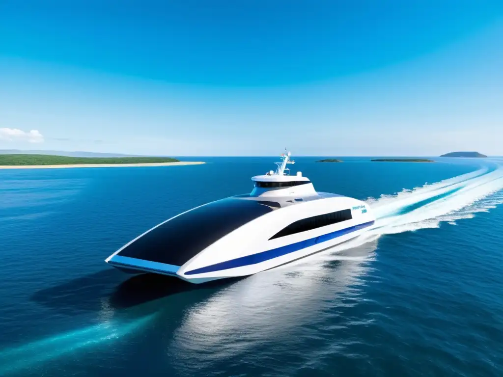 Innovaciones tecnológicas en transporte marítimo: un ferry eléctrico futurista surcando aguas glistening y cielos despejados