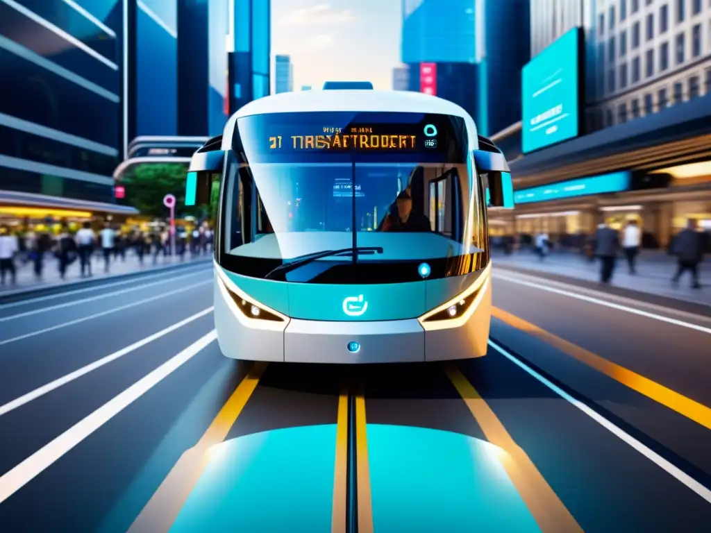 Innovaciones tecnológicas en transportes: Imagen de transporte público futurista con realidad aumentada integrada en la ciudad