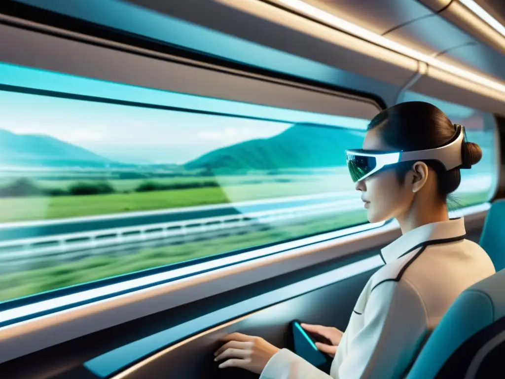 Innovaciones tecnológicas en transportes: Interfaz de realidad aumentada futurista en tren de alta velocidad con pasajeros usando gafas AR