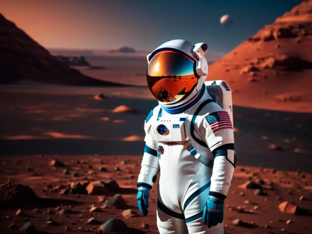 Innovaciones en trajes espaciales para misiones interplanetarias: astronauta en Marte con traje futurista y paisaje marciano al fondo