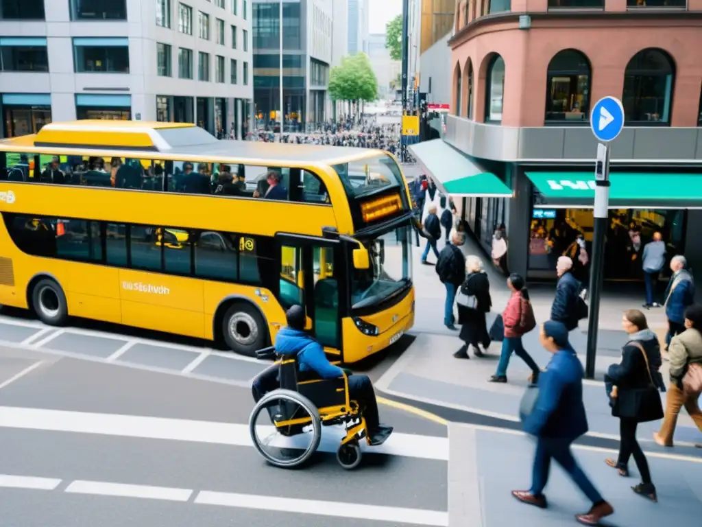 Innovaciones en transporte para discapacitados: Bus accesible recoge pasajero en silla de ruedas en bulliciosa calle urbana