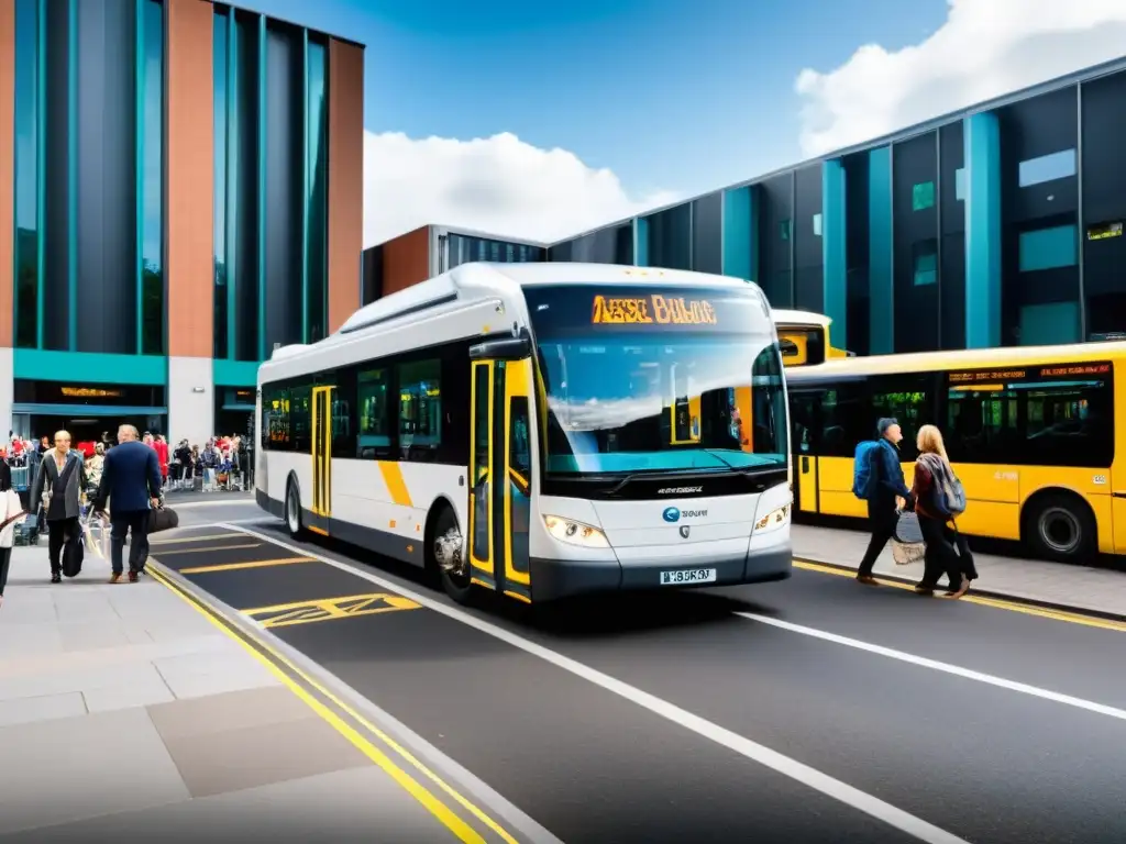 Innovaciones en transporte para discapacitados: Imagen de la ciudad con un autobús accesible y pasajeros en sillas de ruedas abordando sin problemas