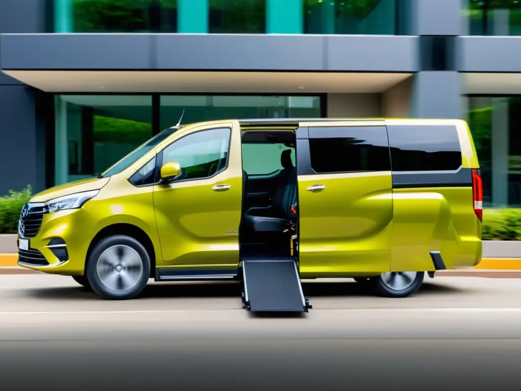 Innovaciones en transporte para discapacitados: Imagen de una moderna furgoneta adaptada estacionada en la ciudad, con elevador para silla de ruedas desplegado