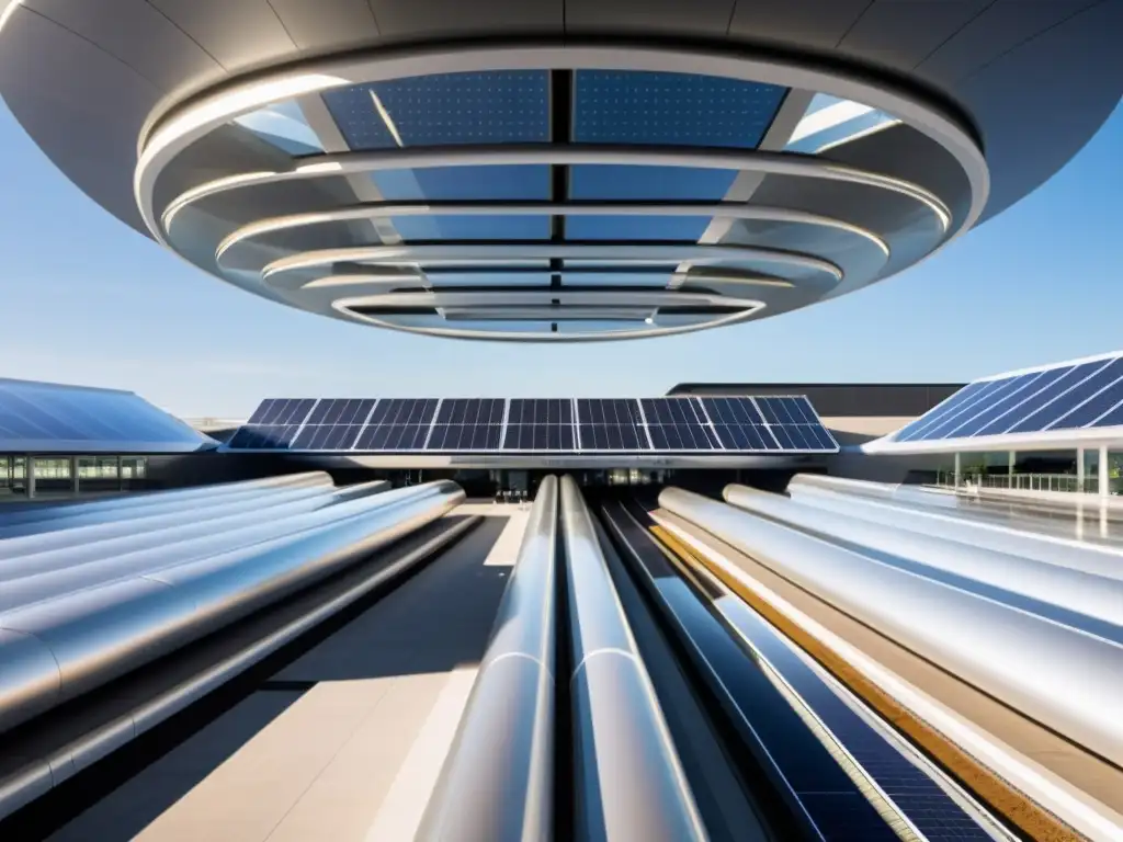 Innovaciones verdes en estaciones de transporte: Estación moderna con diseño futurista, paneles solares integrados y tecnología de recolección de agua