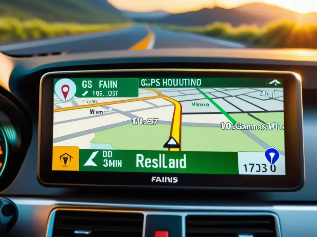 Innovaciones en GPS para viajes: Imagen detallada de un GPS montado en un tablero de un carro, mostrando un mapa detallado y tráfico en tiempo real