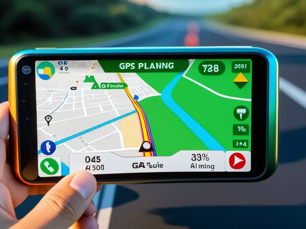 Innovaciones en GPS para viajes: Imagen de un dispositivo GPS moderno con pantalla 3D detallada y colores vibrantes, mostrando la integración de la IA en la planificación de rutas y actualizaciones de tráfico en tiempo real