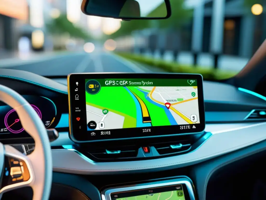 Innovaciones en GPS para viajes: Imagen de un sistema de navegación GPS de vanguardia integrado en el elegante tablero de un automóvil eléctrico moderno, con un mapa detallado en pantalla y colores vibrantes
