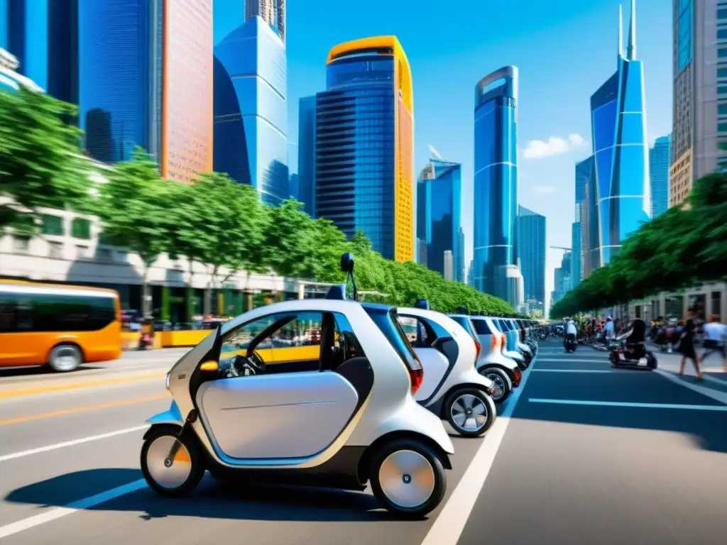 Microvehículos innovadores en la ciudad: una escena urbana vibrante llena de innovadores medios de transporte eléctricos de varios diseños y colores, integrados en el paisaje urbano moderno