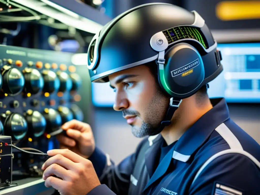 Inspección detallada de casco de aviación de alta tecnología, resaltando el equipamiento protección personal industria aeronáutica