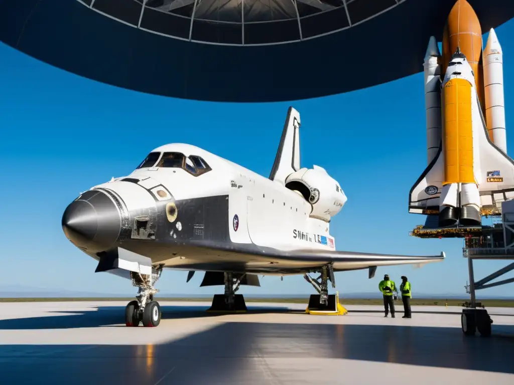 Inspección detallada de la nave espacial en un puerto espacial futurista, con ingenieros en equipo de protección