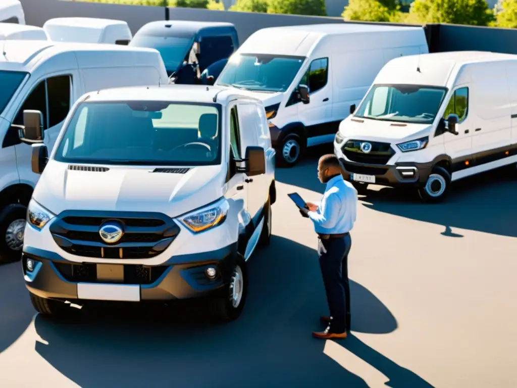 Inspección profesional de pólizas seguros flotas vehiculares innovaciones, con vehículos relucientes y expertos en discusión