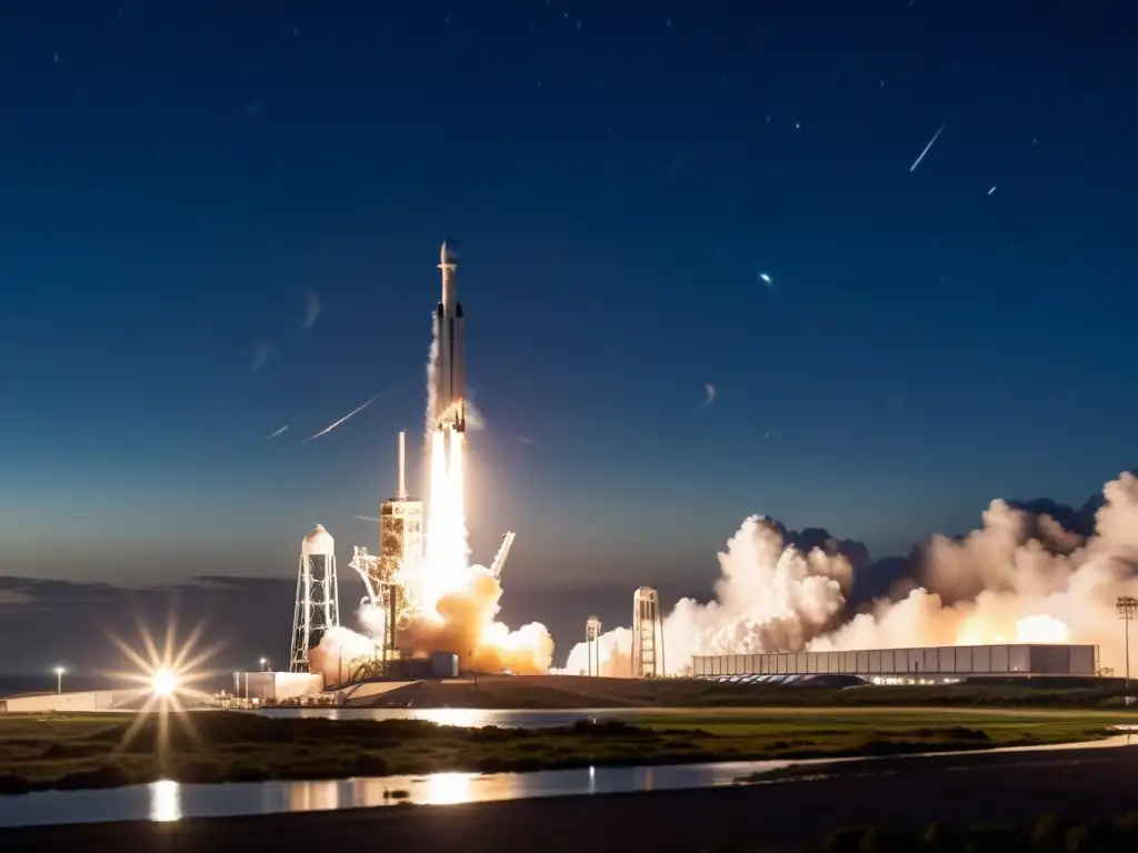 Instalación de lanzamiento de SpaceX con cohetes Falcon listos para lanzar en la nueva era espacial, mostrando innovaciones tecnológicas y ambición