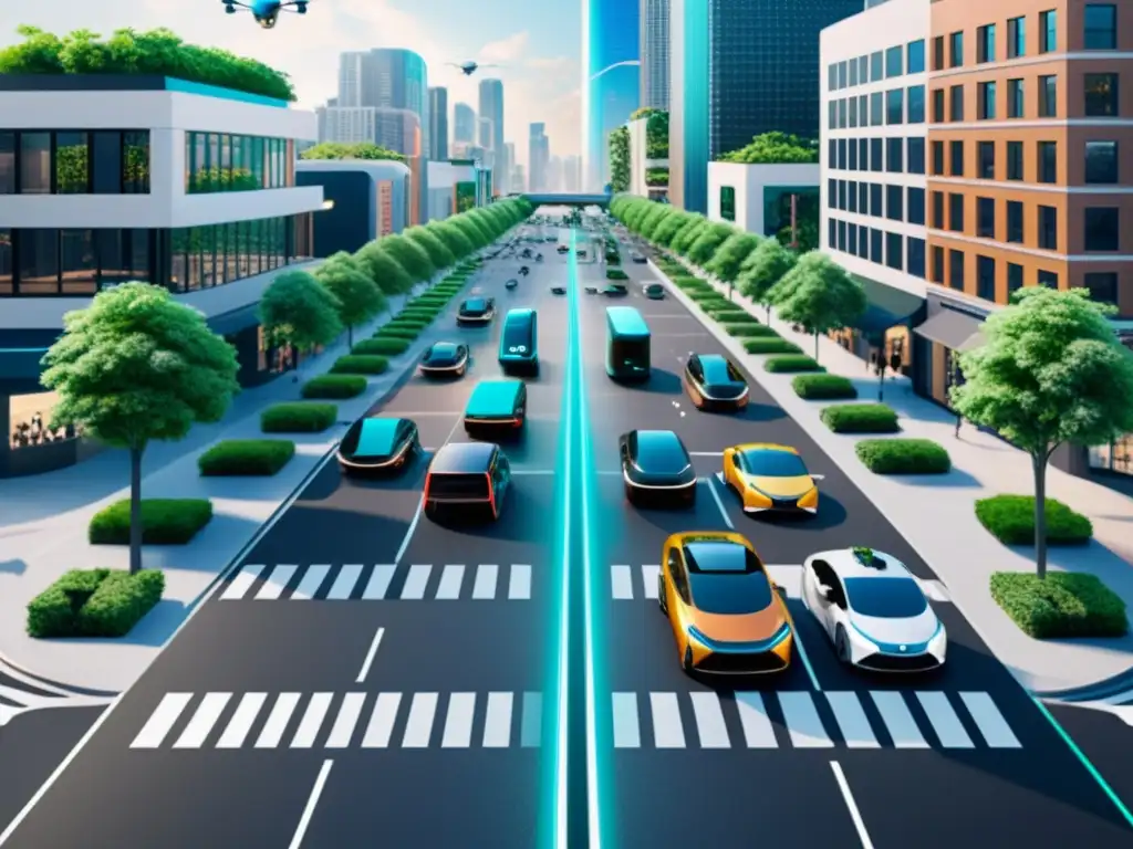 Calles futuristas: vehículos autónomos y tecnología AI en acción Integración IA en movilidad urbana: Calle de la ciudad futurista con vehículos autónomos y edificios innovadores