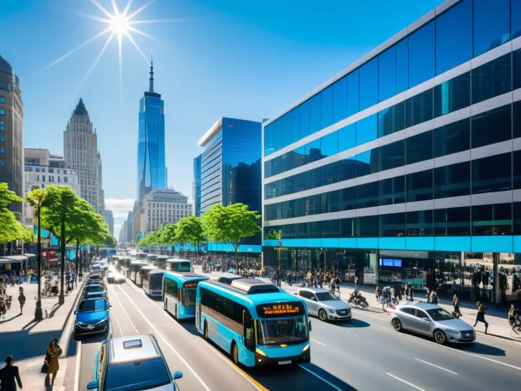 Vibrante vida urbana: diversidad y energía en el transporte Integración IA en movilidad urbana: Calle urbana llena de vida, con vehículos, edificios modernos y energía vibrante