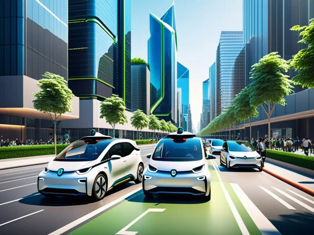 Integración de plataformas de Ride Sharing en ciudad futurista con vehículos eléctricos y edificios inteligentes