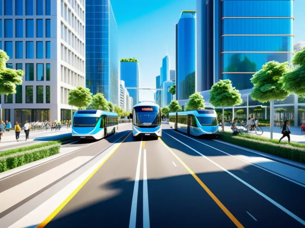 Integración de transporte sostenible en la ciudad del futuro: calles vibrantes, edificios verdes, movilidad armoniosa y cielo azul claro