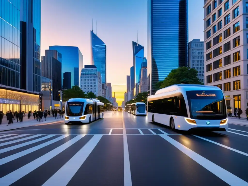 Integración de vehículos autónomos en el transporte público: modernos autobuses eléctricos en una bulliciosa calle urbana al anochecer