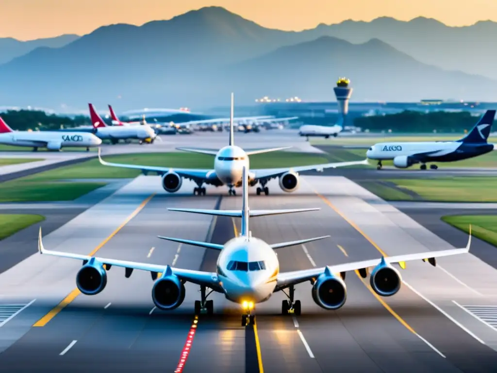 Intenso tráfico aéreo en aeropuerto internacional, muestra cumplimiento de regulaciones OACI aviación internacional