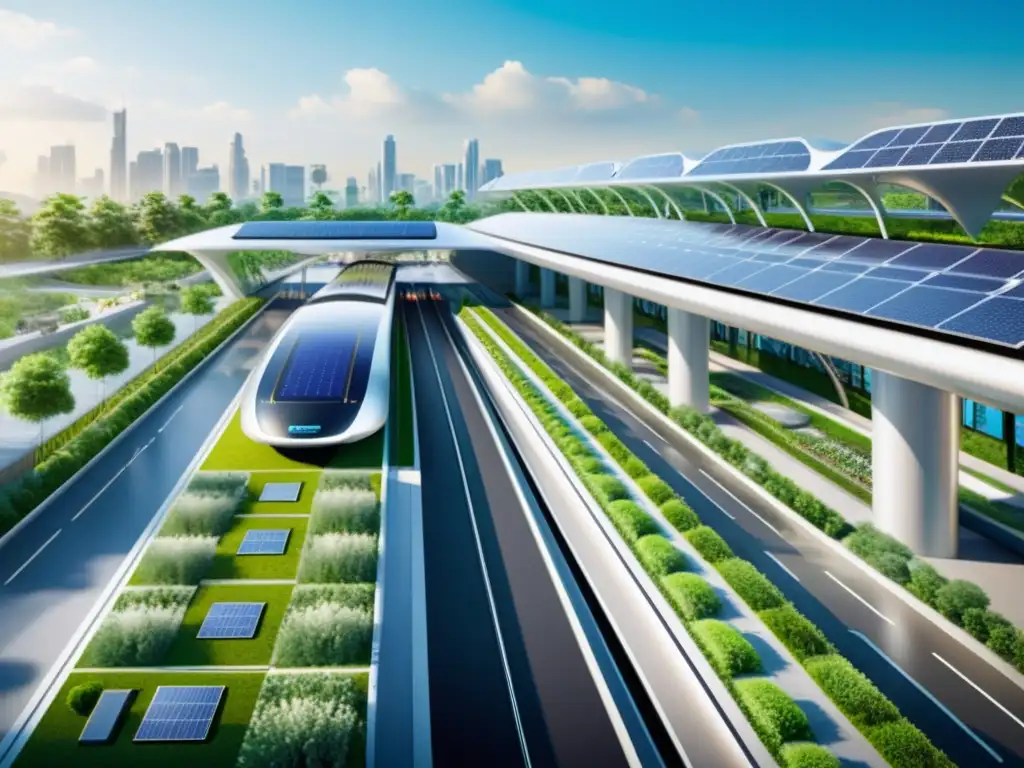 Una megaestación interconectada de transporte futuro, con diseño aerodinámico y sostenibilidad avanzada, rodeada de vegetación exuberante