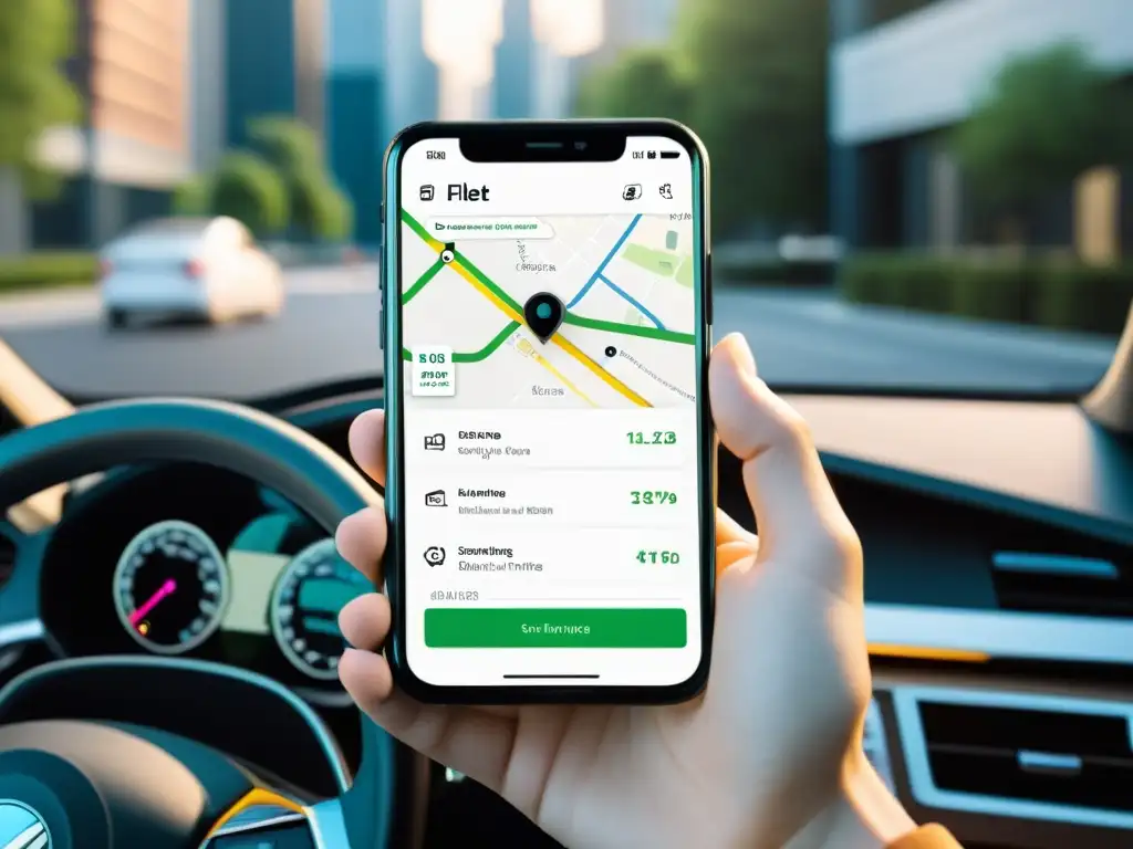 Interfaz de app de car sharing con análisis de datos en tiempo real y logo corporativo, en la ciudad