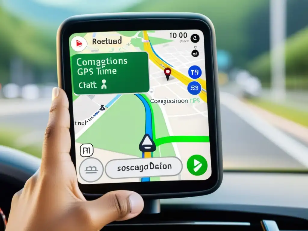 Interfaz de app de navegación GPS con inteligencia artificial para actualizaciones de tráfico en tiempo real y sugerencias de ruta personalizadas