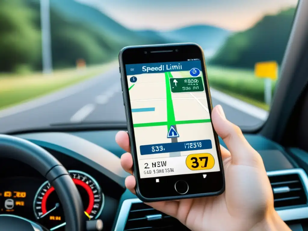Interfaz de app de navegación mostrando límite de velocidad y alerta de radar
