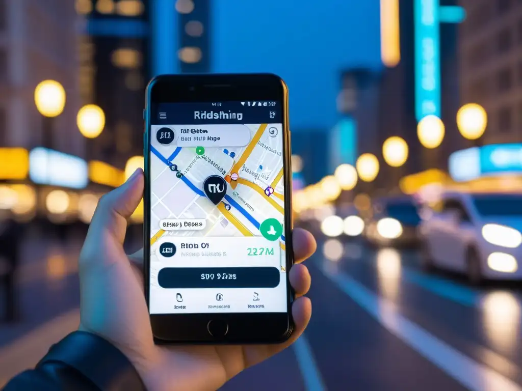 Interfaz de app de ride sharing con mapa, detalles de conductor y nombre de pasajero, fondo de ciudad nocturna