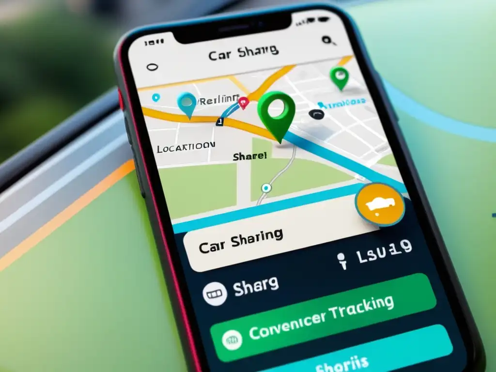 Interfaz de aplicación de car sharing en smartphone, con mapa, reserva y seguimiento en tiempo real