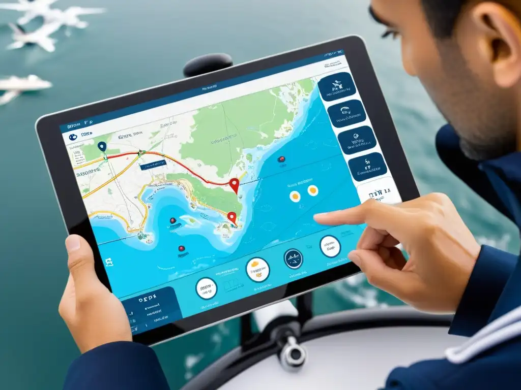 Interfaz de aplicación de navegación marítima mostrando innovaciones en aplicaciones de navegación marítima en tablet