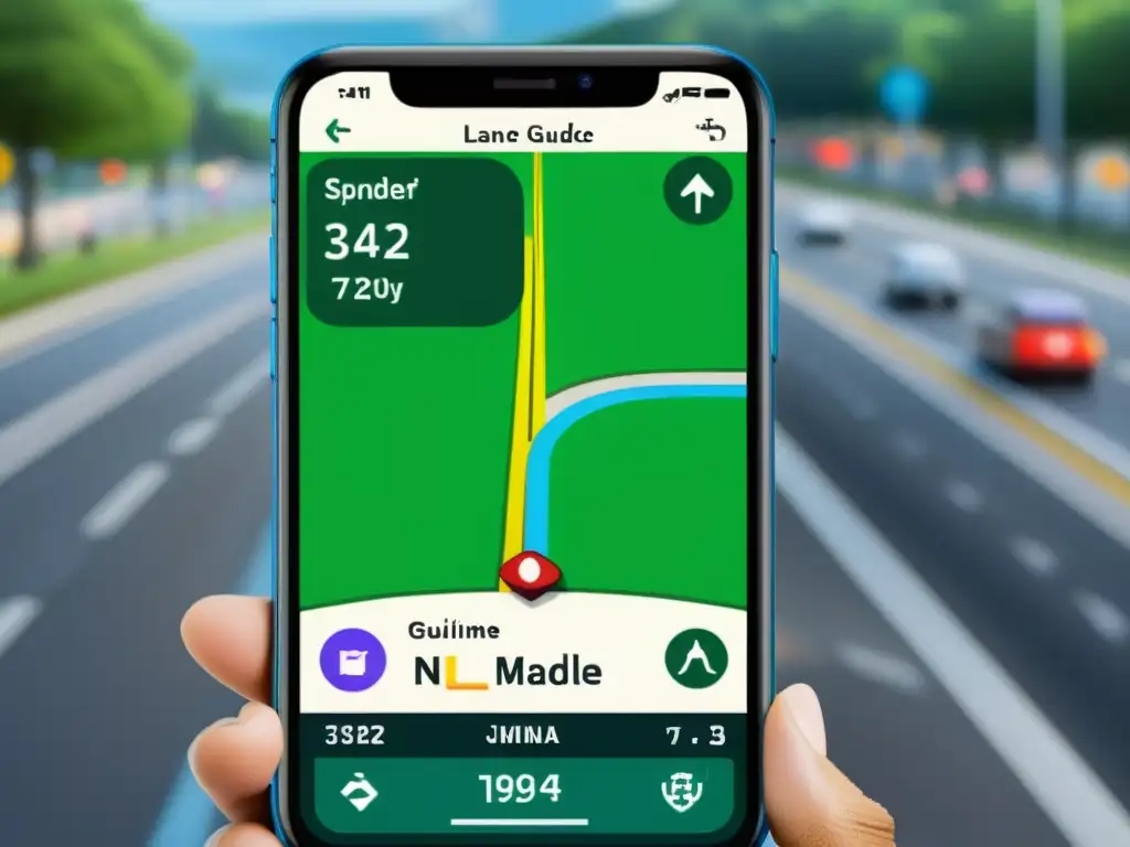 Interfaz moderna de app de navegación con funcionalidades ocultas como guía de carril, tráfico en vivo y mapas sin conexión