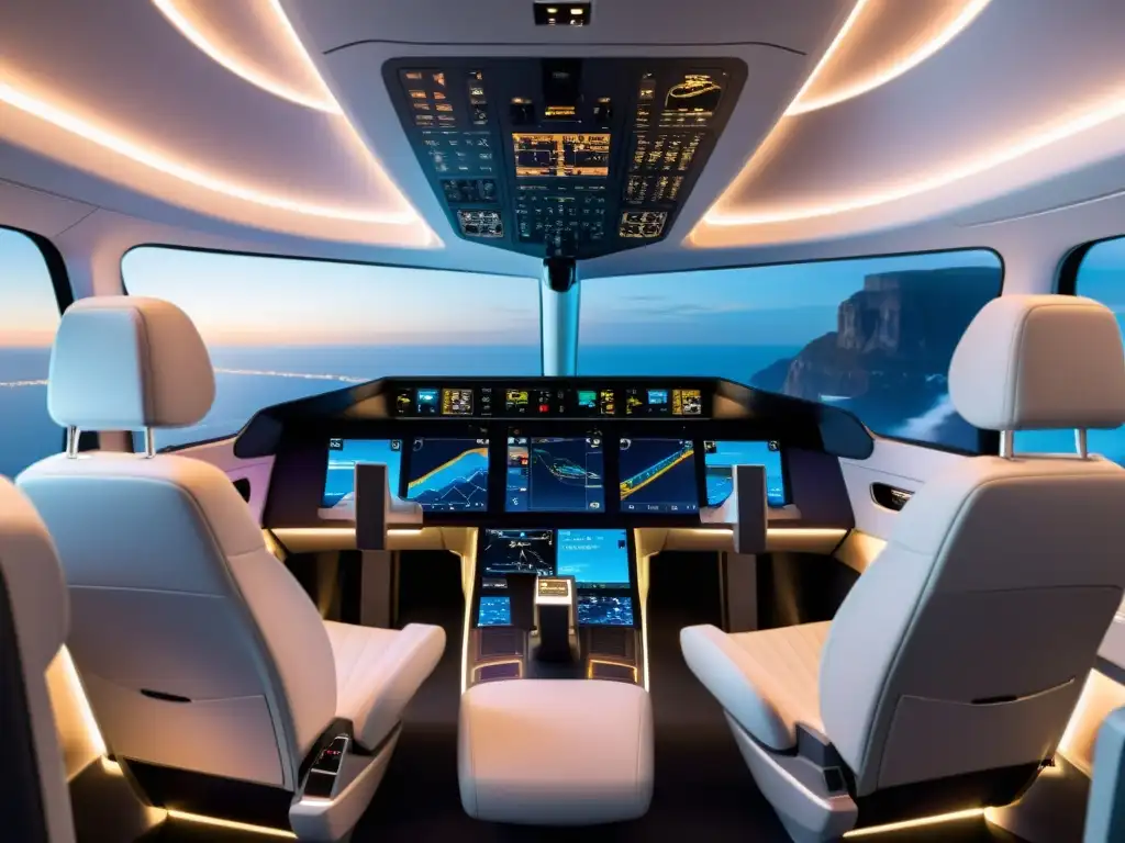 Interior de cabina de pilotos modernos con tecnología avanzada y diseño futurista