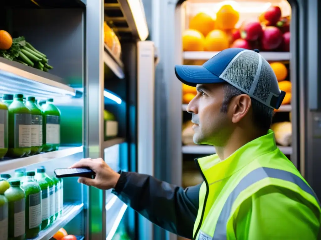 Control preciso y profesional en camión refrigerado Interior de camión refrigerado con control preciso de temperatura, carga organizada y trabajador verificando lecturas