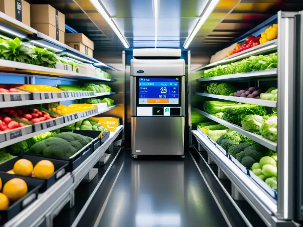 Transporte de productos frescos: Monitoreo de temperatura en tiempo real Interior de camión refrigerado con tecnologías de monitoreo en tiempo real para cargas refrigeradas, garantizando calidad y seguridad del transporte