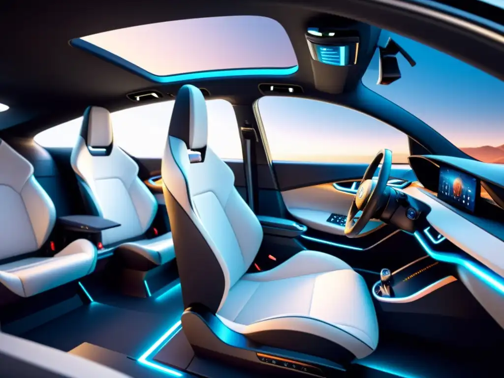 Interior de coche eléctrico futurista con asientos ergonómicos ajustables, panel táctil y luces ambientales suaves