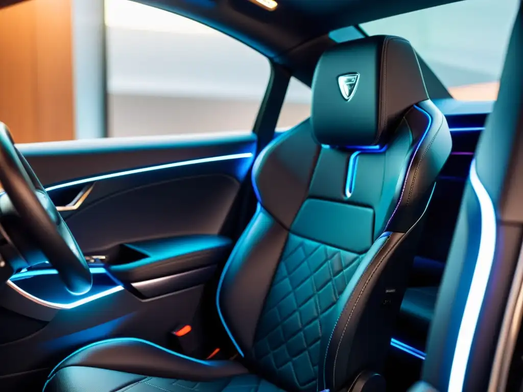 Interior de coche eléctrico de lujo con asiento de cuero negro con tecnología de ajuste de temperatura integrada, y controles iluminados