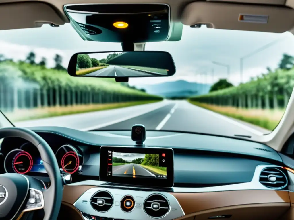 Interior de coche moderno con espejo retrovisor digital mostrando ventajas de seguridad y tecnología avanzada