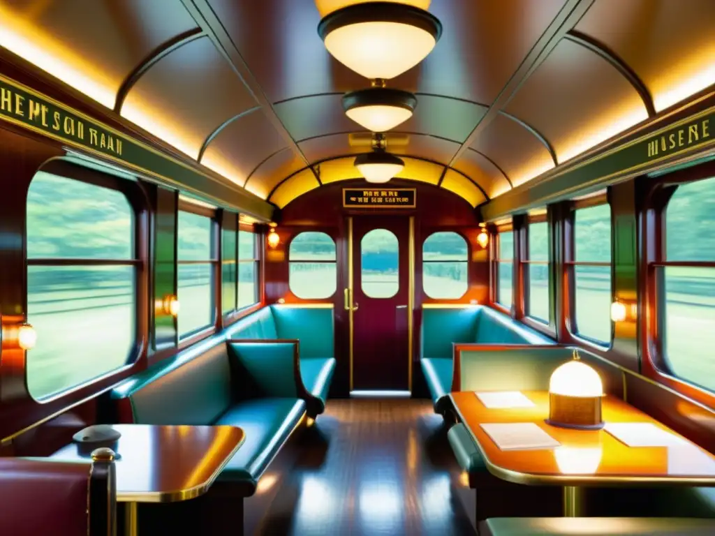 Interior detallado de un vagón de tren convertido en museo, con exhibiciones interactivas y cálida iluminación