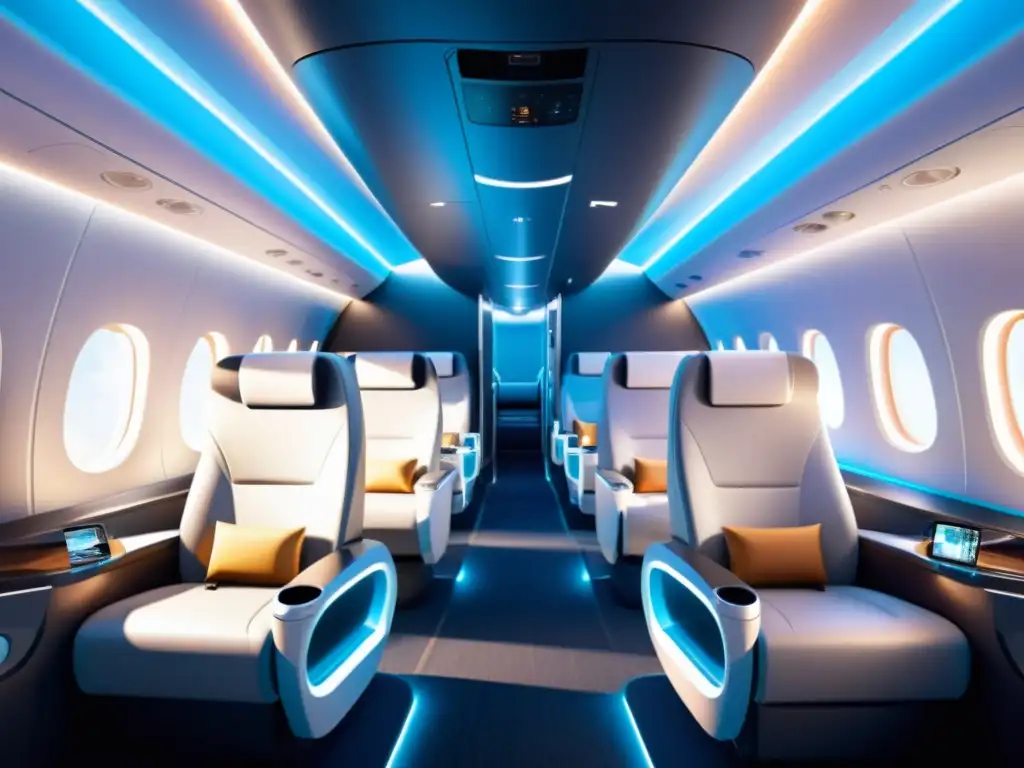 Interior futurista de avión con innovaciones en la experiencia de vuelo, mostrando comodidad y entretenimiento avanzado