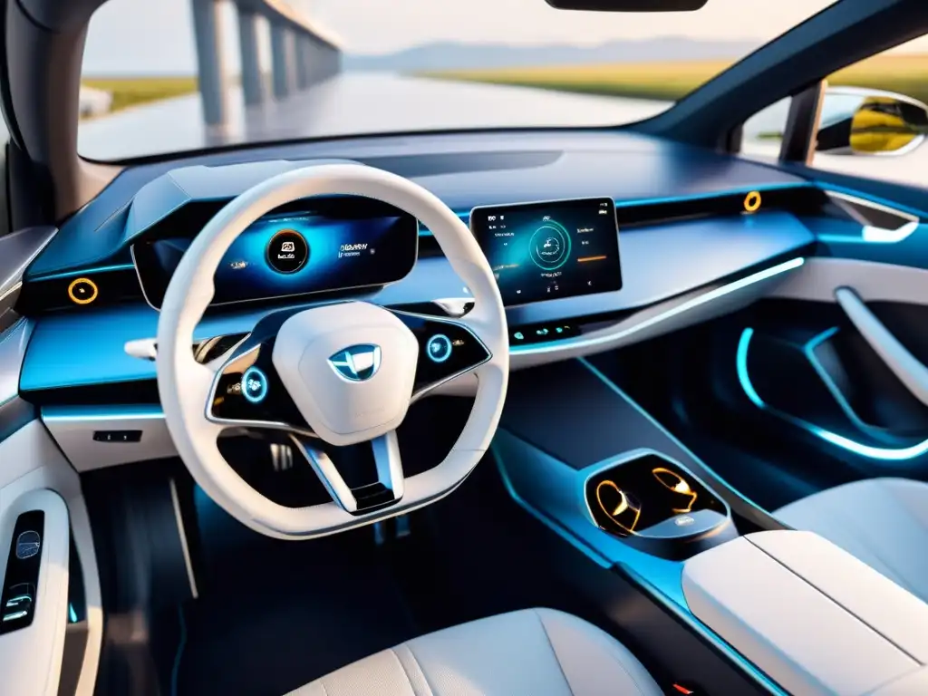 Interior futurista de coche eléctrico con sistemas aire acondicionado vehicular innovadores, tecnología avanzada y diseño sofisticado