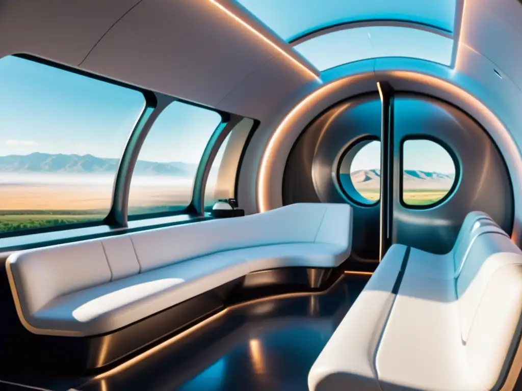 Interior futurista del pod de Hyperloop con asientos cómodos, pantallas interactivas y vistas panorámicas