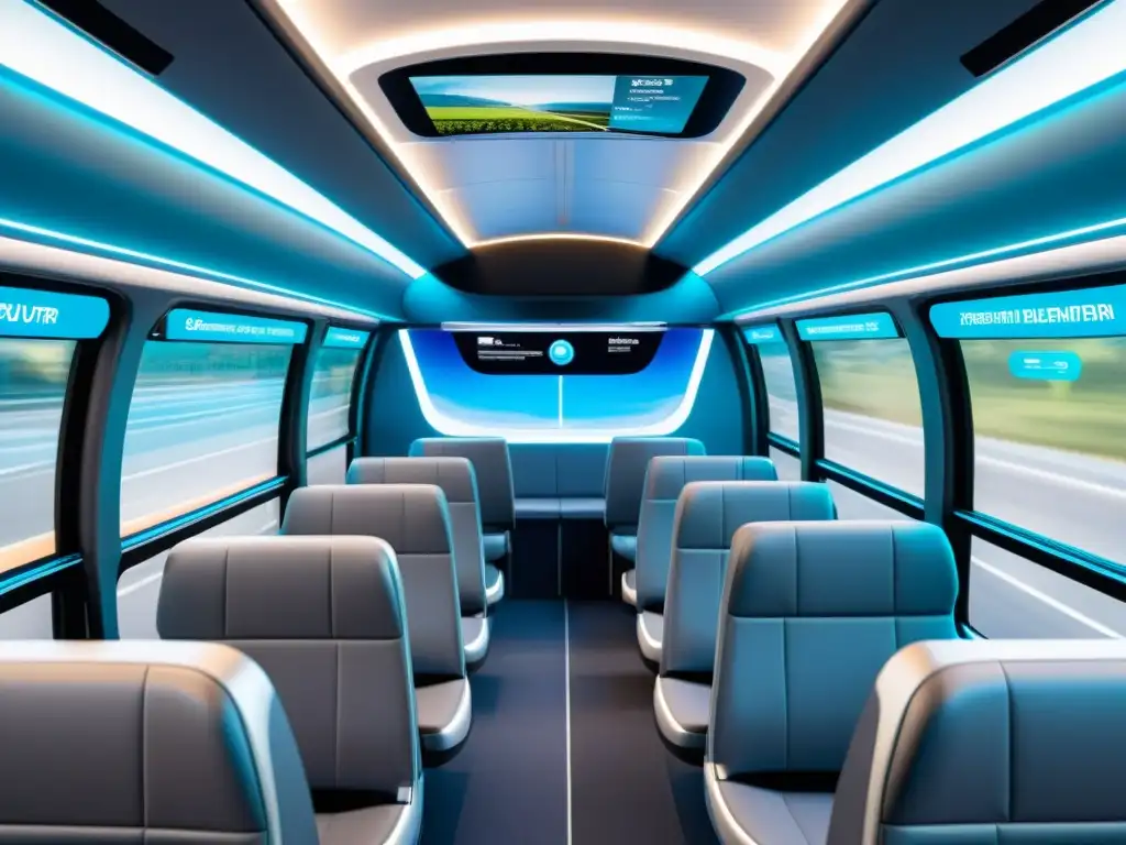 Interior futurista de autobús público con tecnología de diseño inteligente para transporte, comodidad y eficiencia