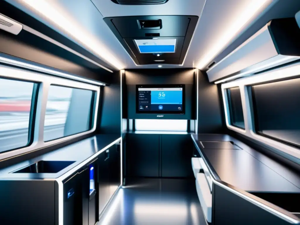 Interior futurista de camión refrigerado con tecnología de vanguardia, evocando innovación en la industria de camiones refrigerados