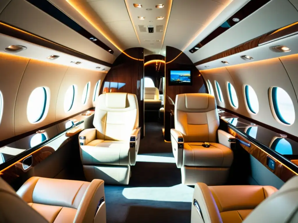 Diseño interior de jet privado con tecnología punta y personalización, exudando elegancia y sofisticación en cada detalle